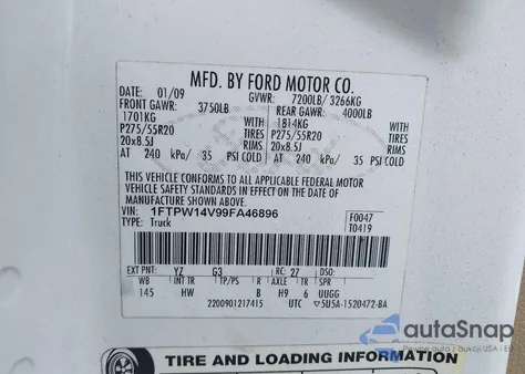 2009 Ford F150 Supercrew z USA, uszkodzony, nr VIN 1FTPW14V99FA46896